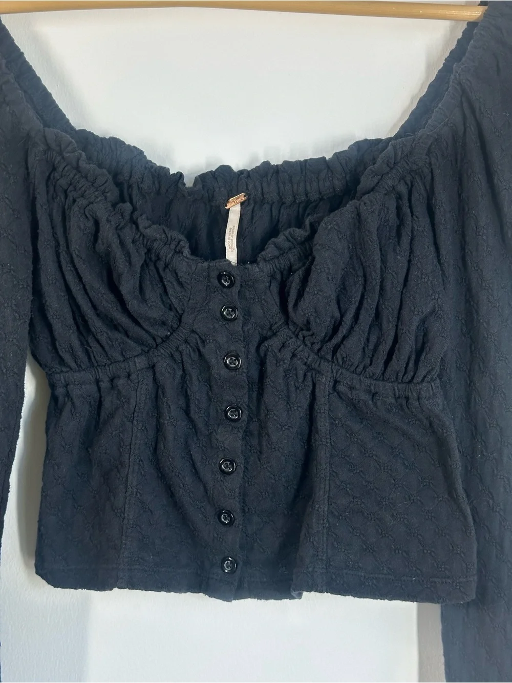 Free People Black Smocked Long Sleeve Crop Top, Size Medium